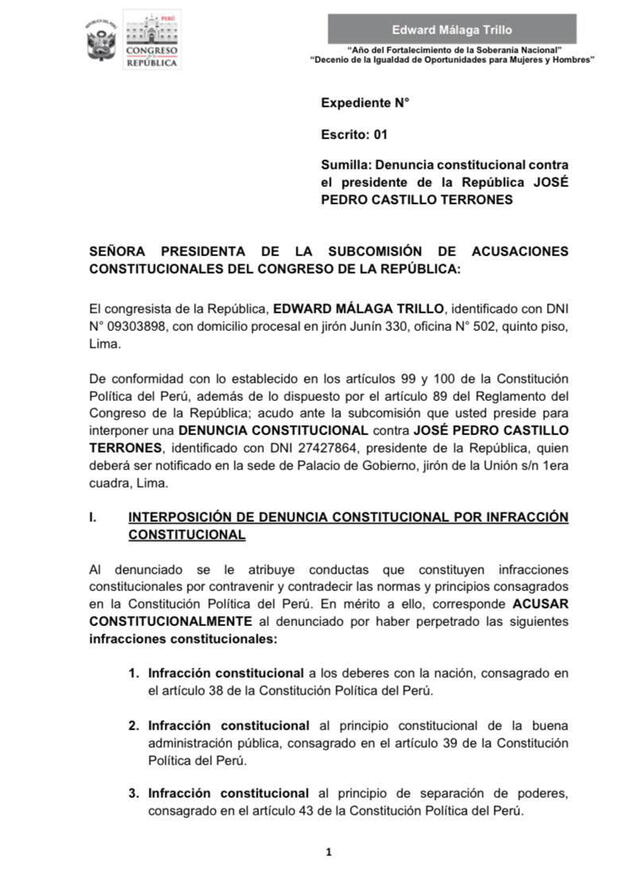 Denuncia constitucional que presentó el congresista Edward Málaga en la Subcomisión de Acusaciones Constitucionales.
