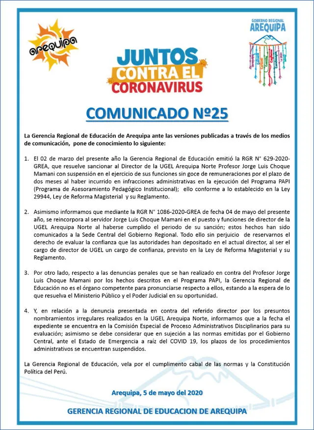 Comunicado Gerencia Regional de Educación.