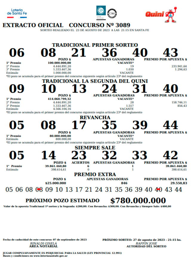 Extracto del Quini 6 de HOY, 23 de agosto. Foto: Lotería de Santa Fe   
