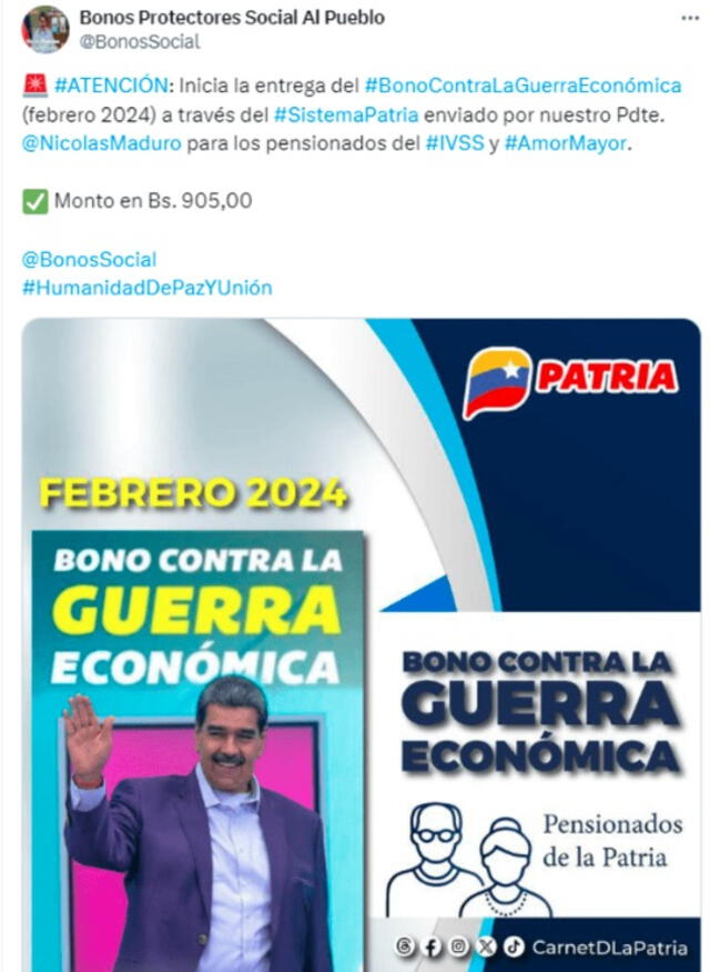 Bono Guerra para pensionados | Nicolás Maduro | Sistema Patria | Venezuela