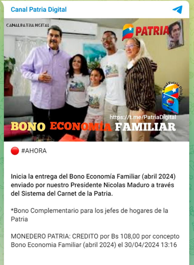 Ya llegó el pago del Segundo Bono Economía Familiar de abril 2024: Foto: Telegram.   