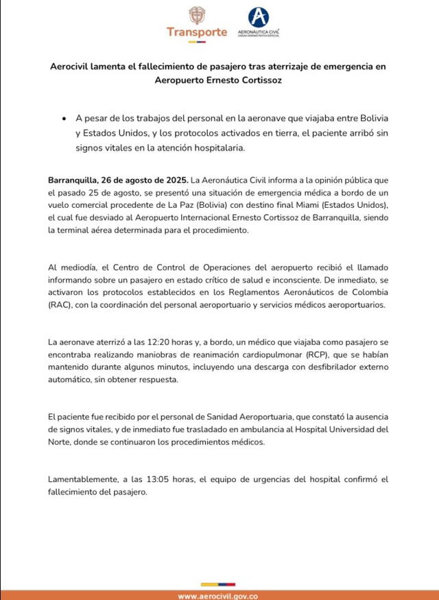  Este fue el comunicado oficial que Aeronáutica Civil publicó respecto al vuelo de emergencia. Foto: X / Twitter   
