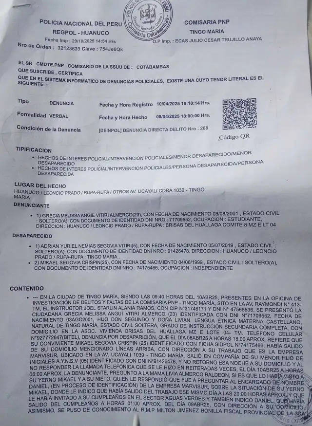  Denuncia policial de la desaparición de A.Y.N.S.V y Mikael Segovia. Foto: La República.   