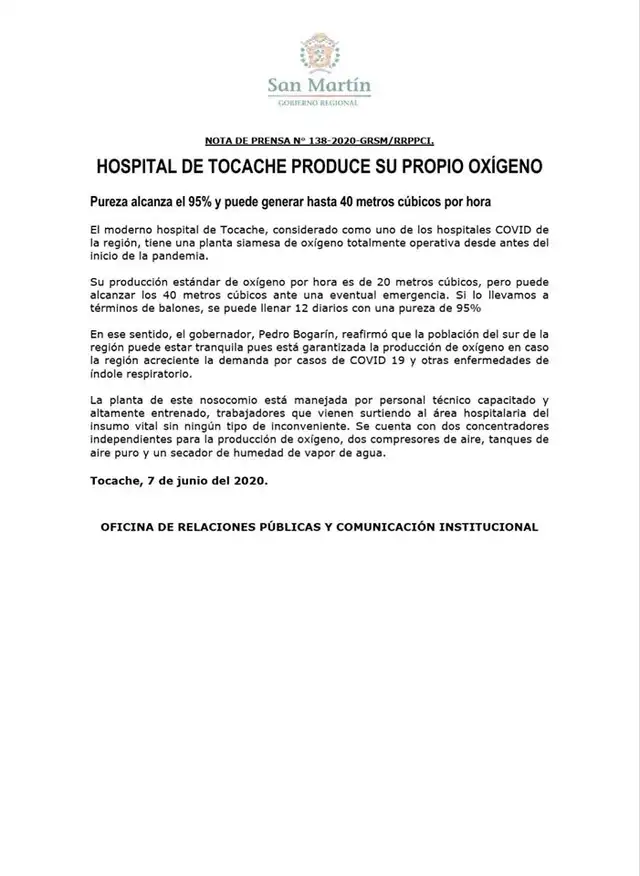 tocache comunicado oxigeno