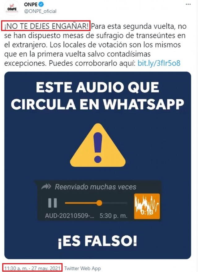 Tuit en el que la ONPE desmiente un audio de WhatsApp sobre la apertura de mesas de transeúntes peruanos en los Estados Unidos. Foto: Captura Twitter - ONPE.