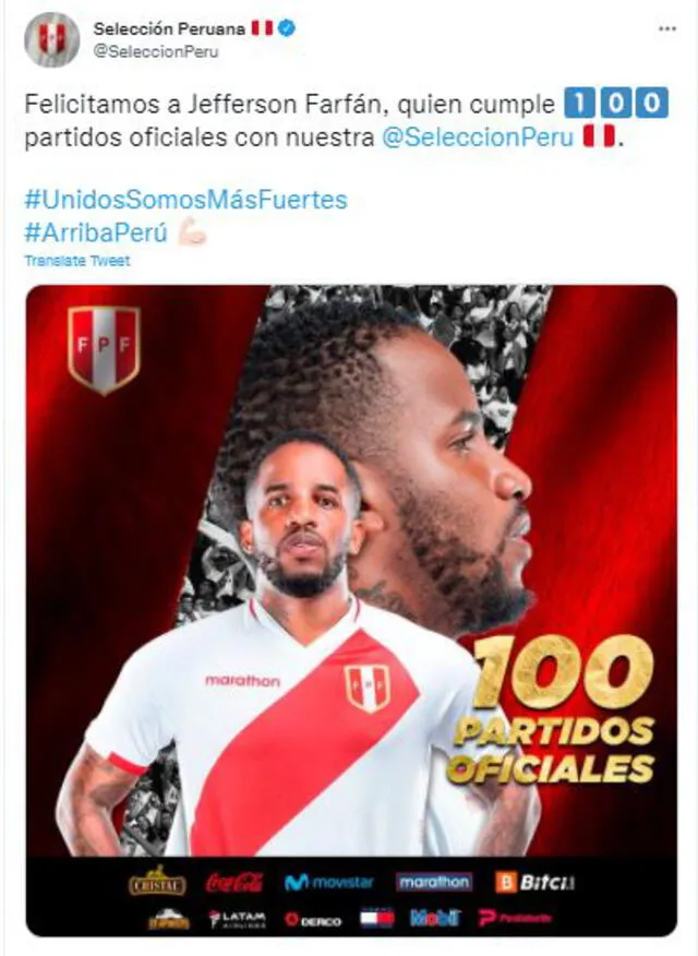 La selección peruana felicitó el historial de Jefferson Farfán. Foto: Twitter / @SeleccionPeru