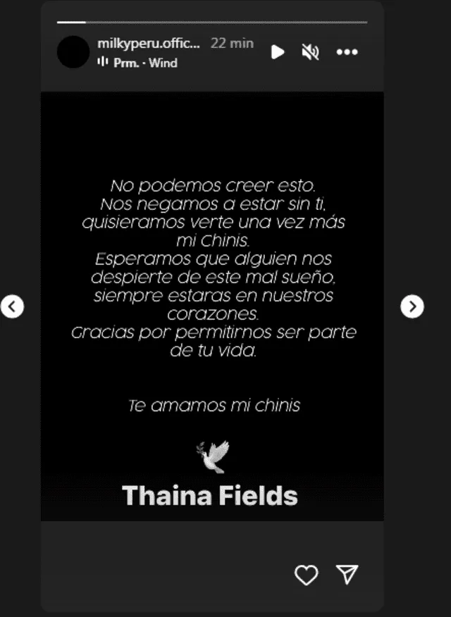 El post de Milky Perú sobre la muerte de Thaina Fields. Foto: Milky Perú/Instagram   