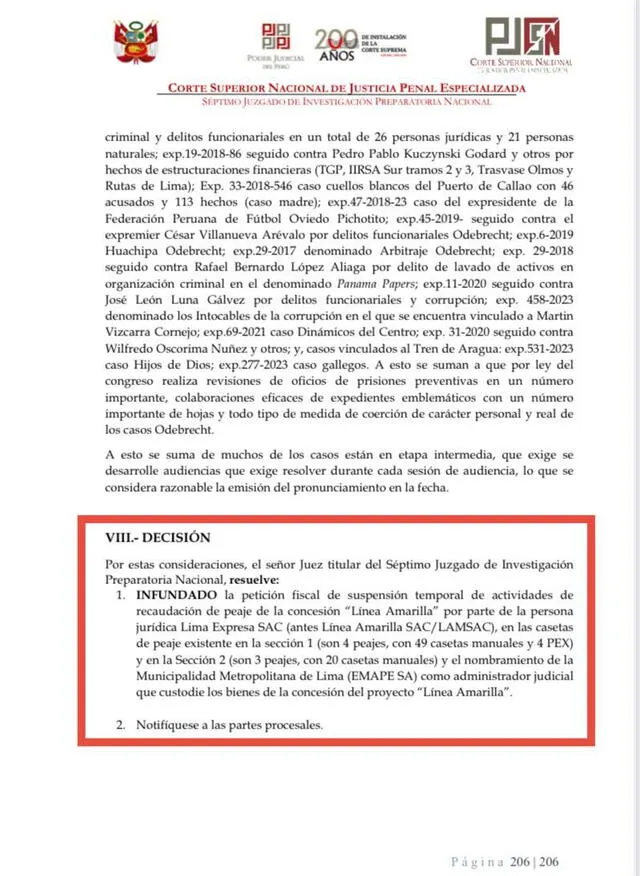 Decisión del Poder Judicial sobre el cobro de peajes en Línea Amarilla. Decisión del Poder Judicial sobre el cobro de peajes en Línea Amarilla.