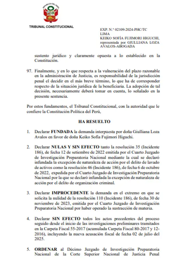 Fallo del TC sobre caso Cócteles contra Keiko Fujimori