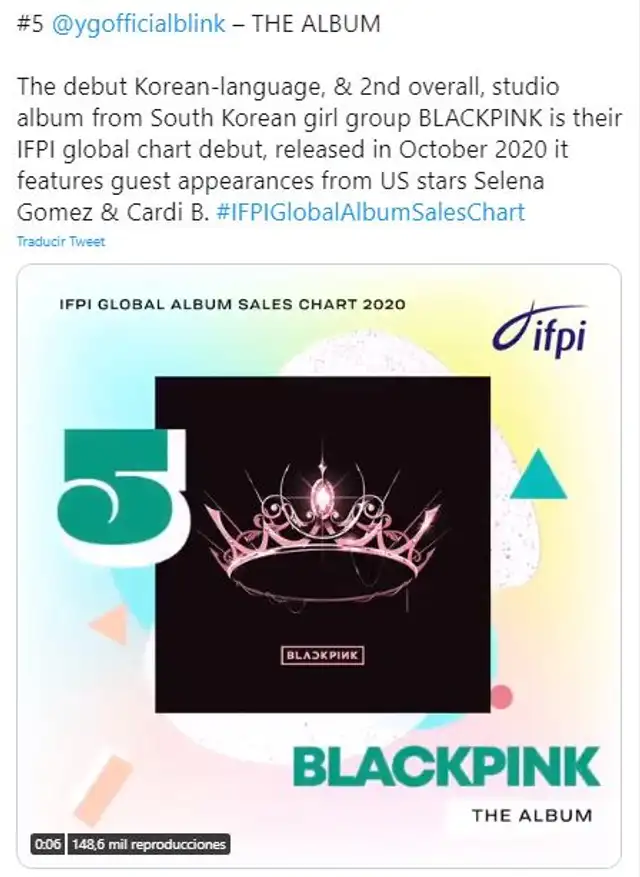 BLACKPINK en la lista de álbumes más vendidos del 2020 a nivel global. Foto: IFPI Twitter BLACKPINK en la lista de álbumes más vendidos del 2020 a nivel global. Foto: IFPI Twitter