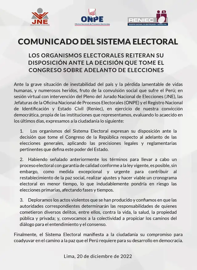 Comunicado del Sistema Electoral publicado el 20 de diciembre. Foto: ONPE.
