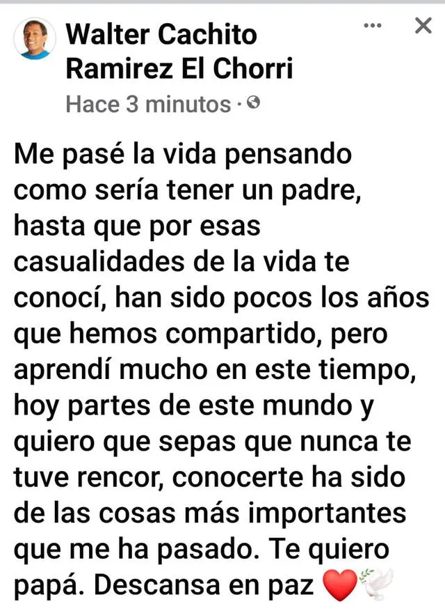 Walter 'Cachito' Ramírez le dedicó un sentido mensaje a su padre por su fallecimiento. Walter 'Cachito' Ramírez le dedicó un sentido mensaje a su padre por su fallecimiento.