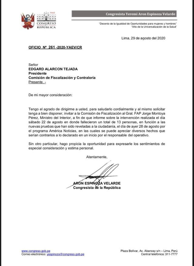 Solicitud del congresista Espinoza para convocar al ministro del Interior a la Comisión de Fiscalización.