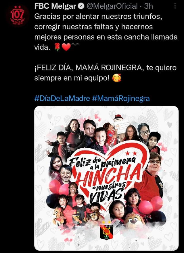 Saludo de FBC Melgar por el Día de la Madre. Foto: captura