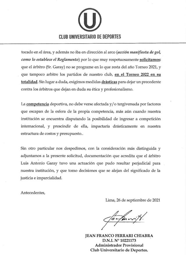 Comunicado de la 'U' sobre el arbitraje de Luis Garay. Parte 2. Foto: Gustavo Peralta.