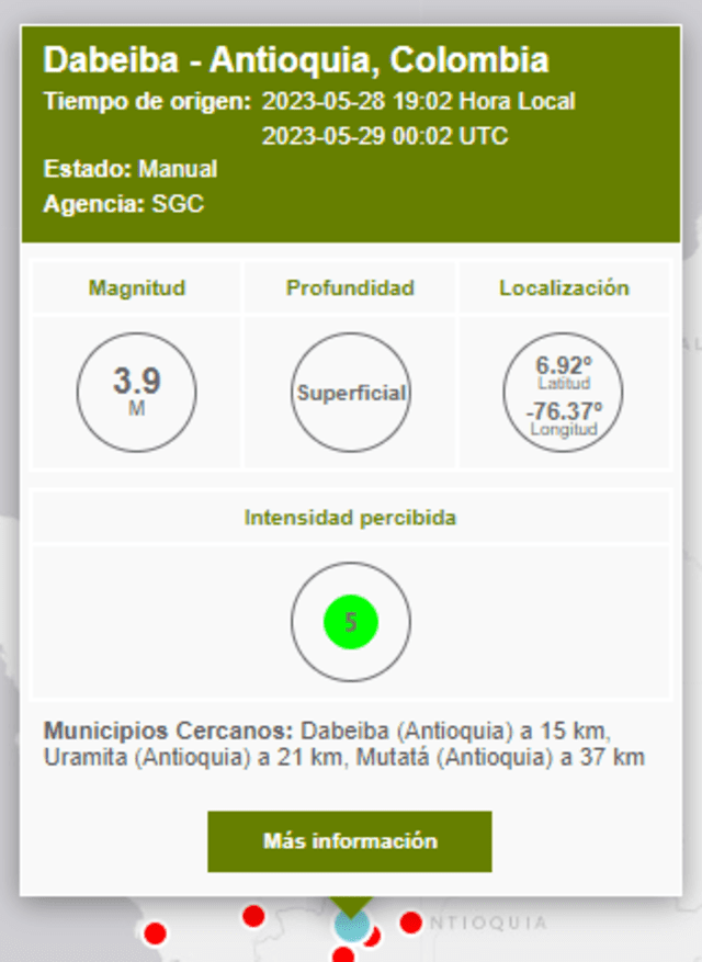 Último sismo registrado en Colombia. Foto: SGC.