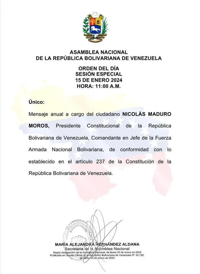  Pauta del día de la Asamblea Nacional de Venezuela y tiene que ver con el mensaje anual de Nicolás Maduro. Foto: Asamblea Nacional<br><br>    