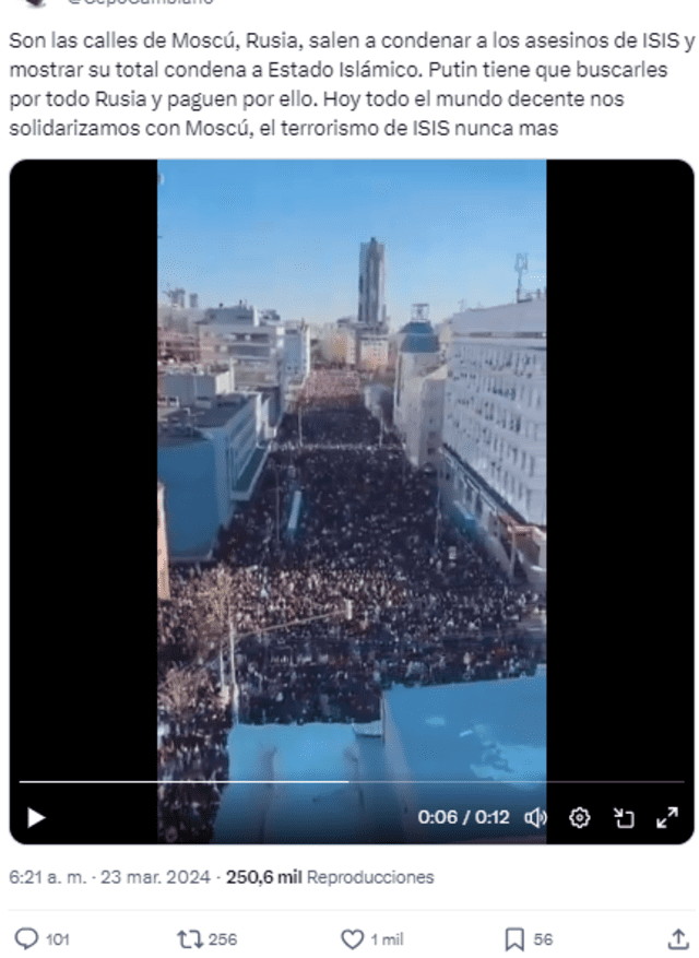  Desinformación sobre el ataque armado contra civiles en Crocus City Hall, Rusia. Foto: captura en X.&nbsp;   