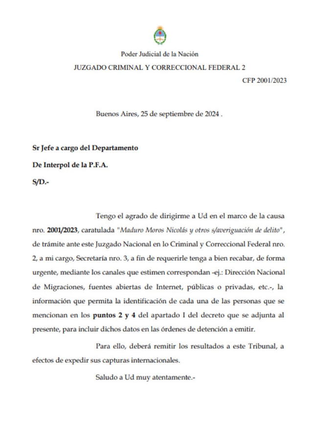 Justicia argentina formaliza el pedido de captura internacional contra la cúpula chavista. Foto: Poder Judicial de la Nación