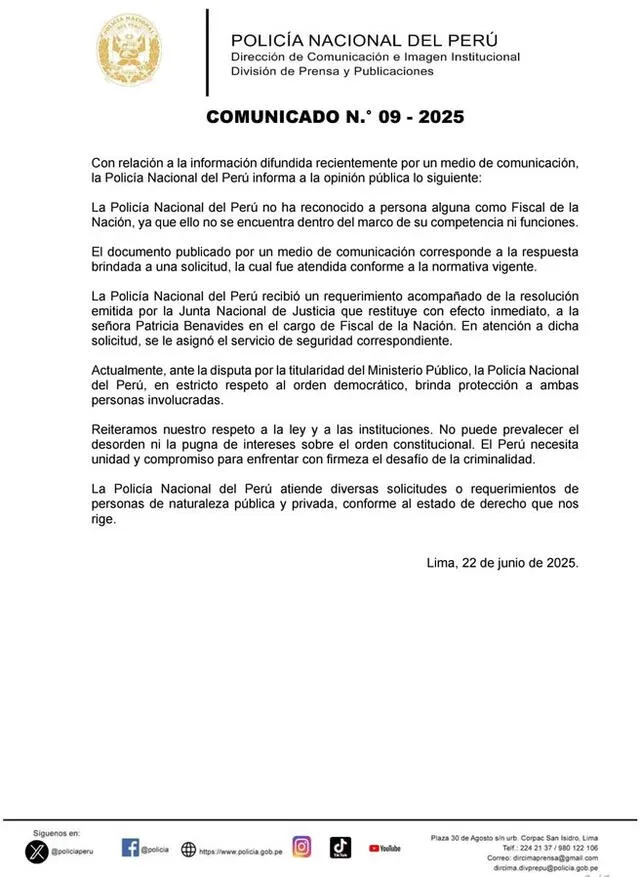 Comunicado de la PNP. Foto: PNP Comunicado de la PNP. Foto: PNP