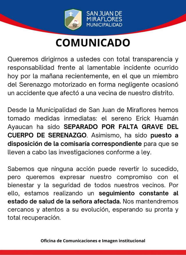 Comunicado de SJM sobre accidente. Comunicado de SJM sobre accidente.
