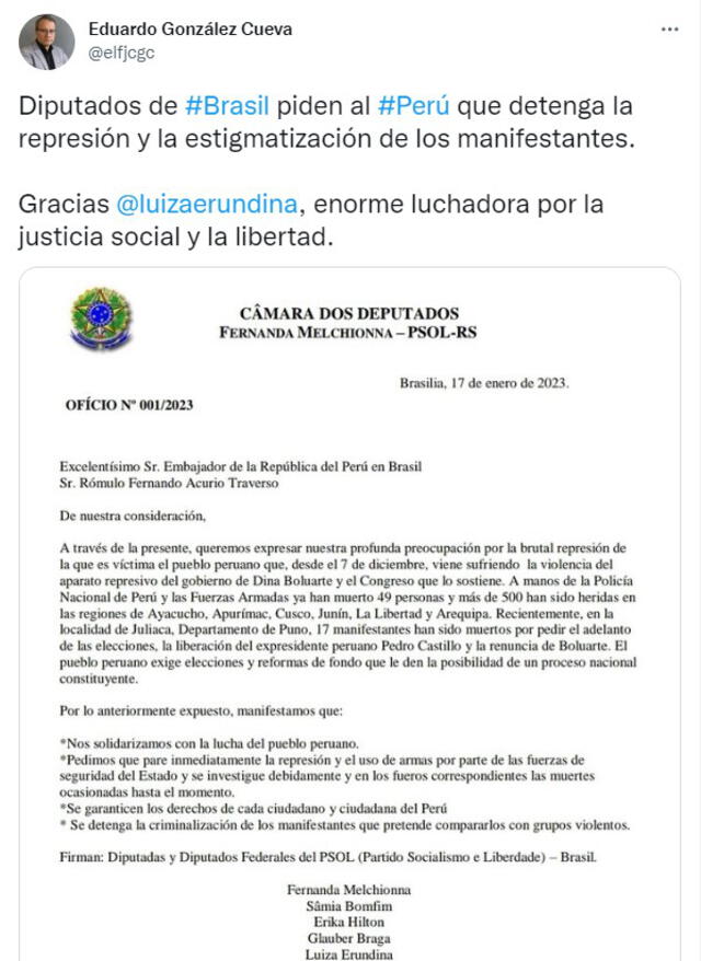 El sociólogo Eduardo González Cueva compartió el comunicado de los diputados brasileños del partido PSOL. Foto: captura @elfjcgc/Twitter