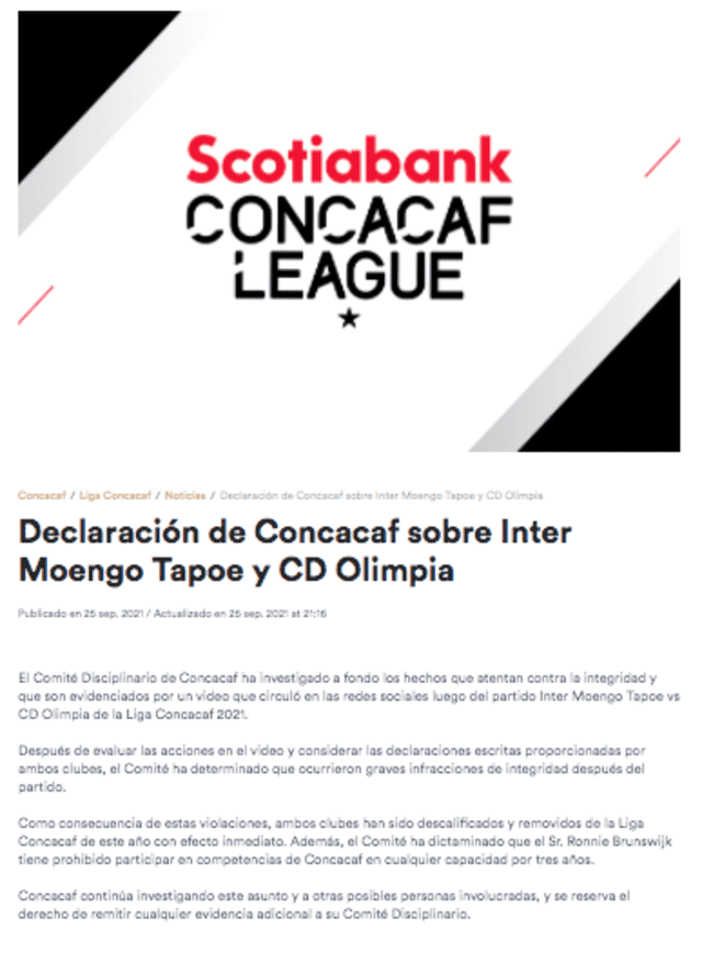 Comunicado de la Concacaf sobre lo sucedido en el partido entre Olimpia e Inter Moengotapoe. Foto: captura web Conmebol