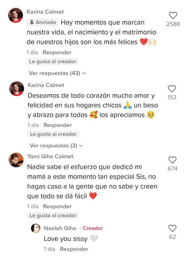 22.8.2022 | Comentarios de Karina Calmet y su hija mayor Yami Sofia Giha. Foto: captura Naelah Giha/TikTok