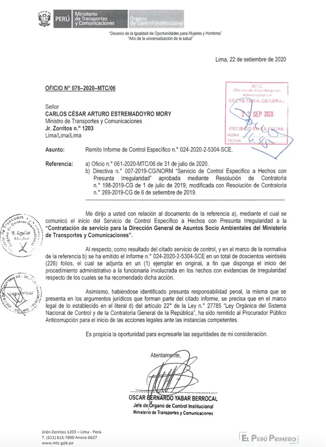 Exhortan a ministro Estremadoyro a iniciar proceso administrativo contra Mirian Morales.