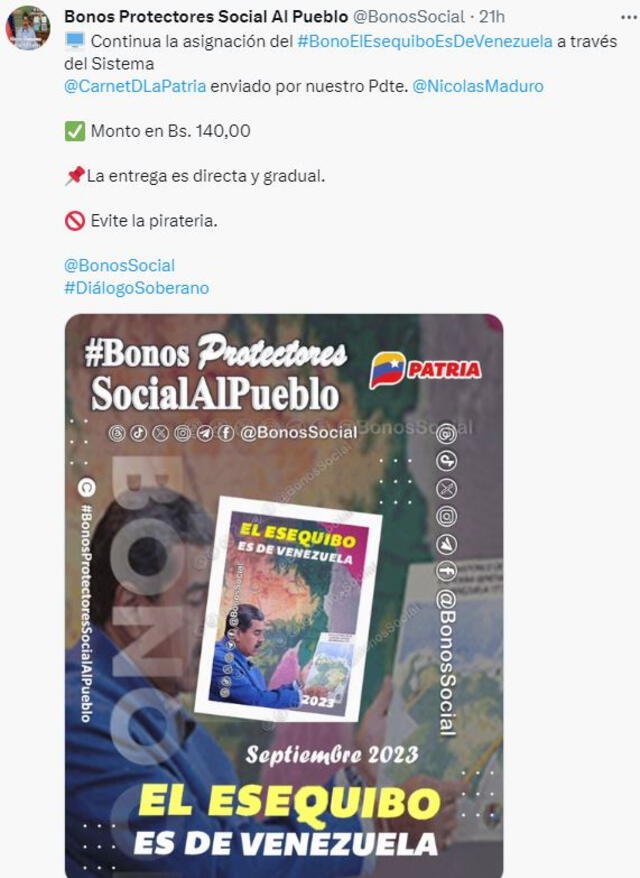  Bono El Esequibo es de Venezuela se empezó a pagar desde el 26 de septiembre en Patria. Foto: @BonosSocial/X<br>    