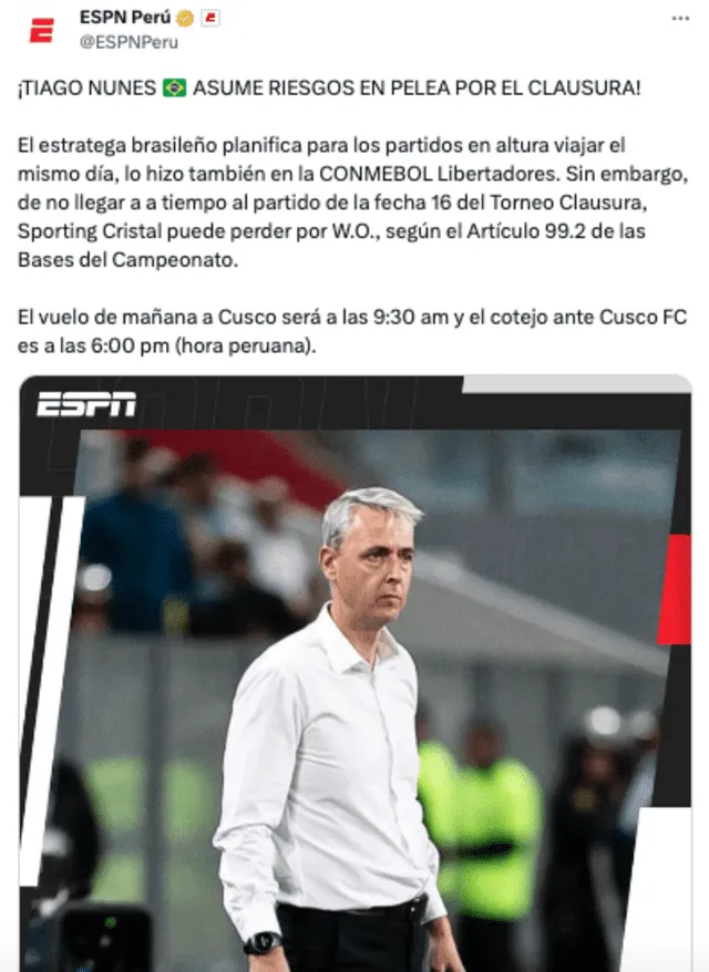 Estrategia de Tiago Nunes para el partido. Foto: Twitter/ESPN   
