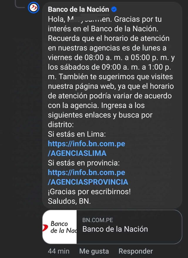 Banco de la Nación detalló que su horario de atención es de lunes a sábados. Foto: Captura de fanpage BN.   