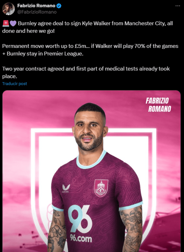 Kyle Walker a nada de llegar a Burnley. Foto: captura de X/Fabrizio Romano.   