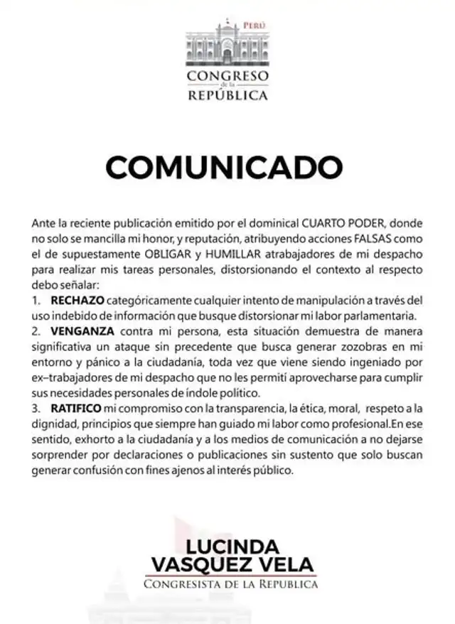 Comunicado de la congresista Lucinda Vásquez. Foto: X Comunicado de la congresista Lucinda Vásquez. Foto: X