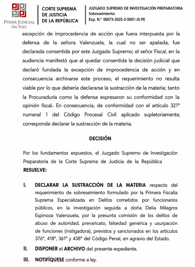 Decisión judicial sobre la investigación contra Delia Espinoza Decisión judicial sobre la investigación contra Delia Espinoza