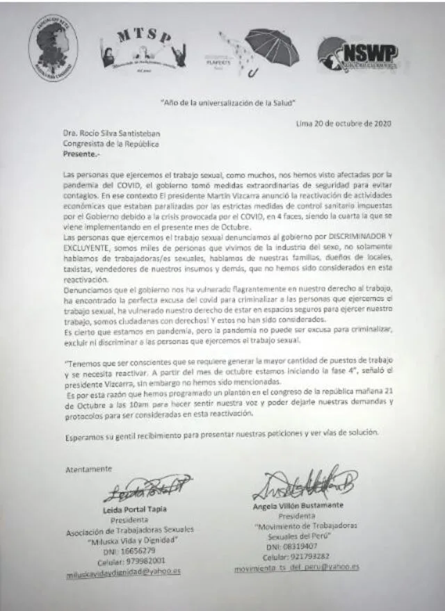 Carta enviada a la congresistas Rocío Silva Santisteban. Foto: Captura