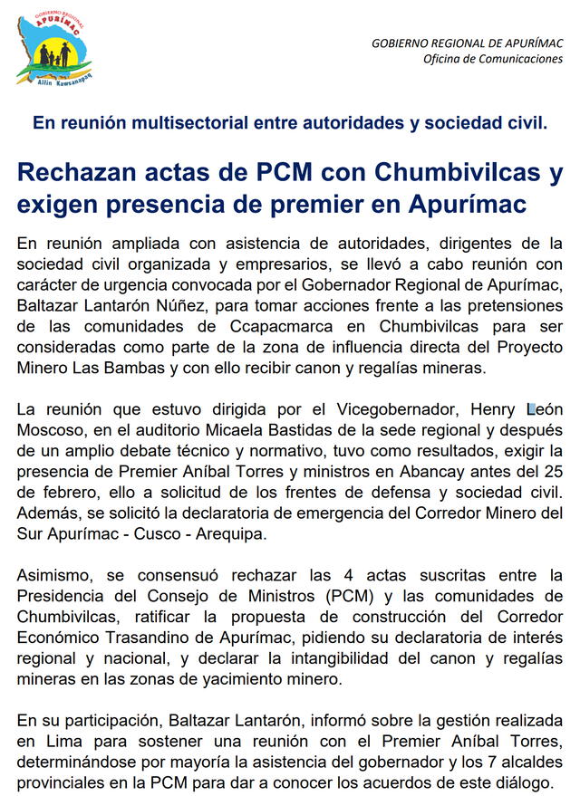 Gobierno Regional de Apurímac informó acuerdos tras reunión. Foto: cortesía