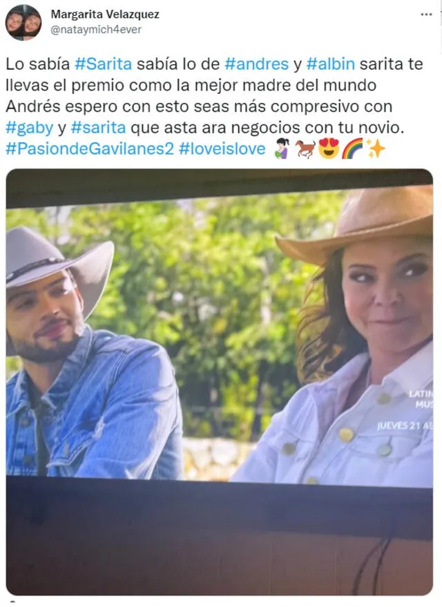 Espectadores de "Pasión de gavilanes 2" reaccionan a la relación de Andrés y Albín. Foto: captura de Twitter