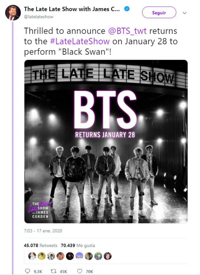James Corden anuncia que BTS realizará la primera presentación de "Black Swan" en su programa.