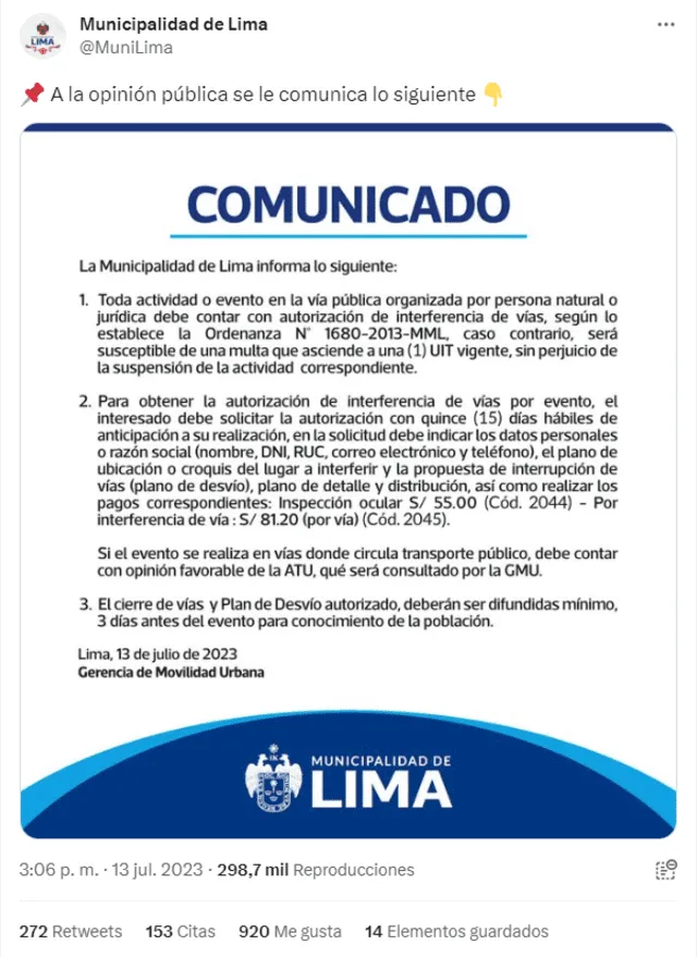  El comunicado fue emitido el 13 de julio, a pocos días de la anunciada 'Toma de Lima'. Foto: captura en Twitter / MuniLima   