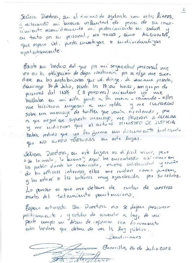  Carta de Betssy Chávez desde prisión de Chorrillos. Foto: difusión   