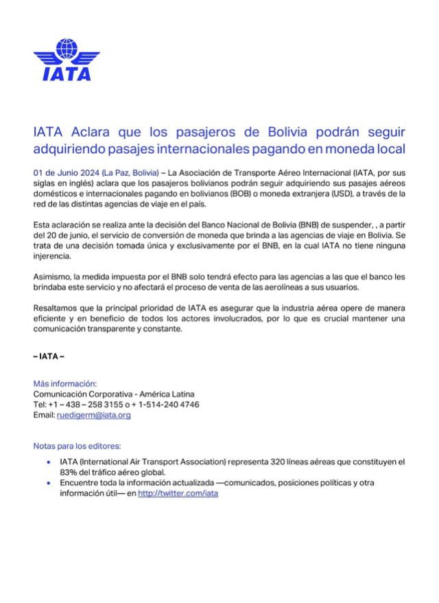 Comunicado de la IATA a los medios de comunicación. Foto: IATA   