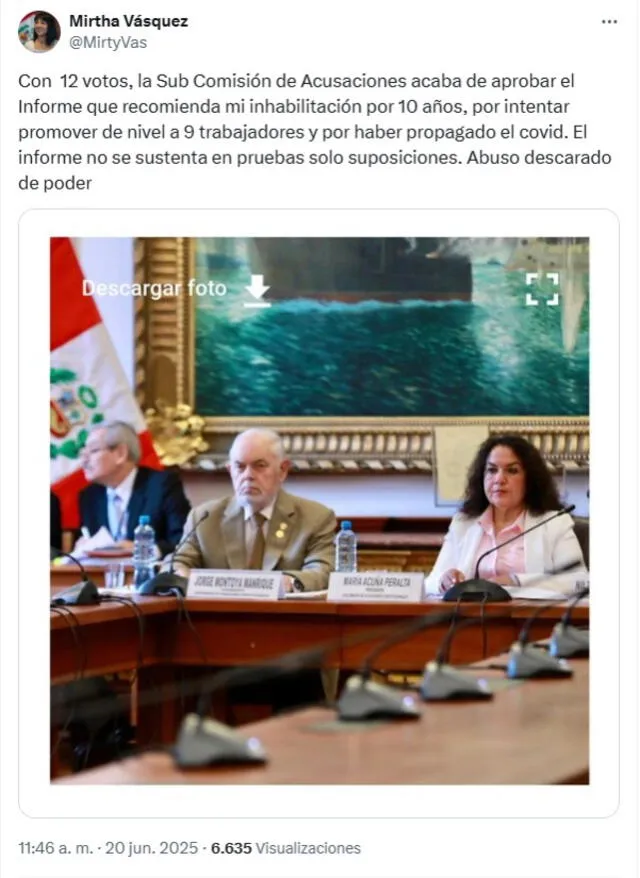 Mirtha Vásquez, excongresista, usó su cuenta de X para pronunciarse en contra de la decisión de la SAC. Foto: captura de pantalla Mirtha Vásquez, excongresista, usó su cuenta de X para pronunciarse en contra de la decisión de la SAC. Foto: captura de pantalla