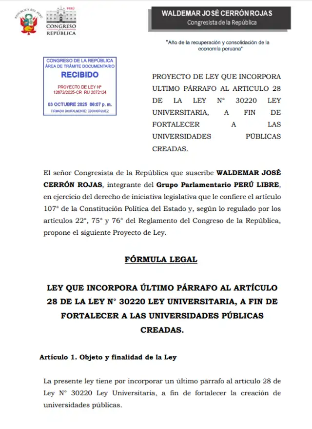 Proyecto de ley de Waldemar Cerrón.   Proyecto de ley de Waldemar Cerrón.