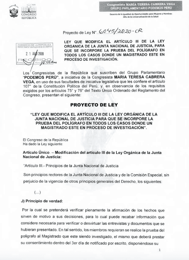 Congresista Cabrera Vega presentó PL para incorporar uso de polígrafos en investigaciones a magistrados de la JNJ. Foto: Captura PL 6045/2020-CR