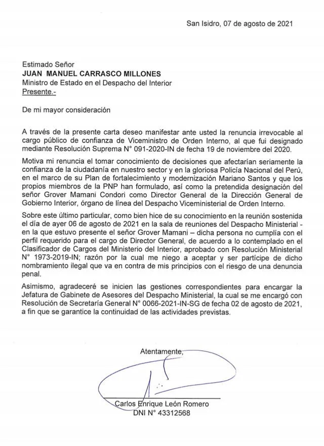 Carta de renuncia de Carlos León Romero.