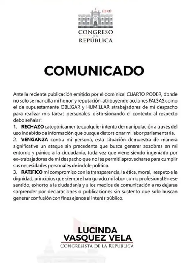 Statement from Congresswoman Lucinda Vásquez Statement from Congresswoman Lucinda Vásquez