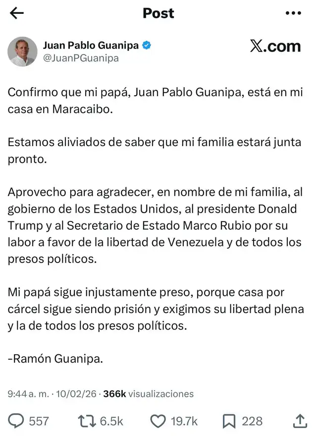  Confirmación de la salida de prisión de Juan Pablo Guanipa. Foto: @JuanPGuanipa/X<br>    