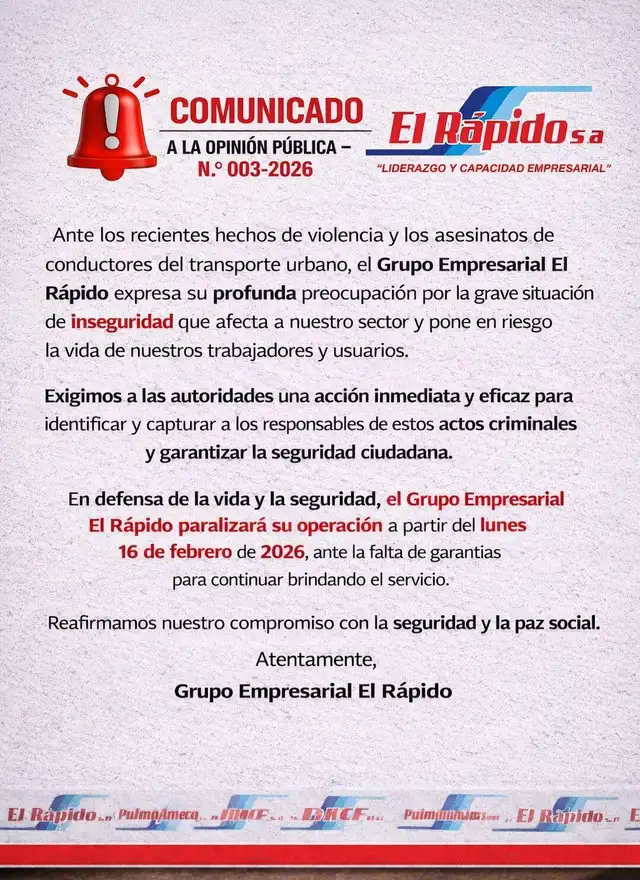 Empresa 'El Rápido' confirma paralización de sus servicios. Foto: Difusión   