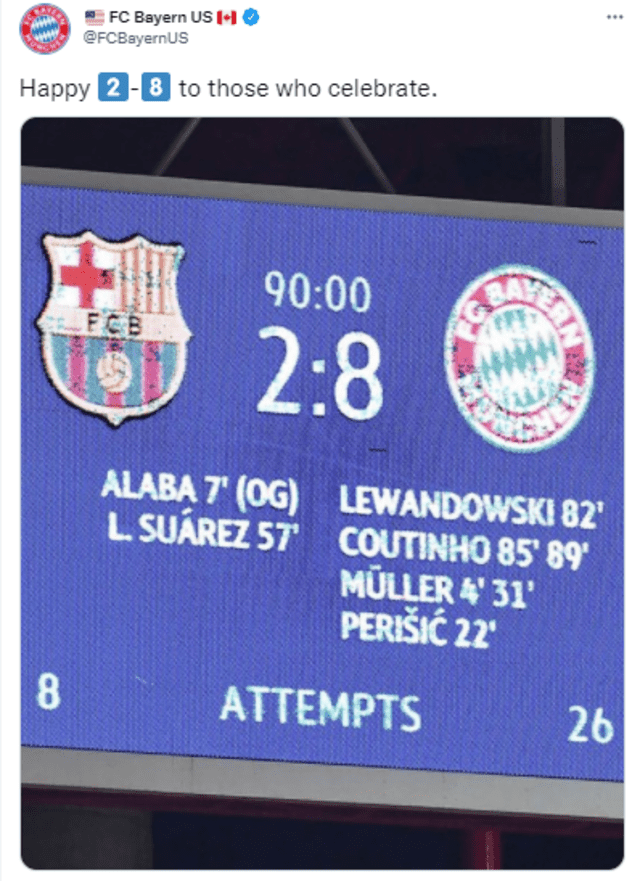 Bayern eliminó al FC Barcelona de la Champions League 2019-20. Foto: Bayern Múnich US (Twitter)